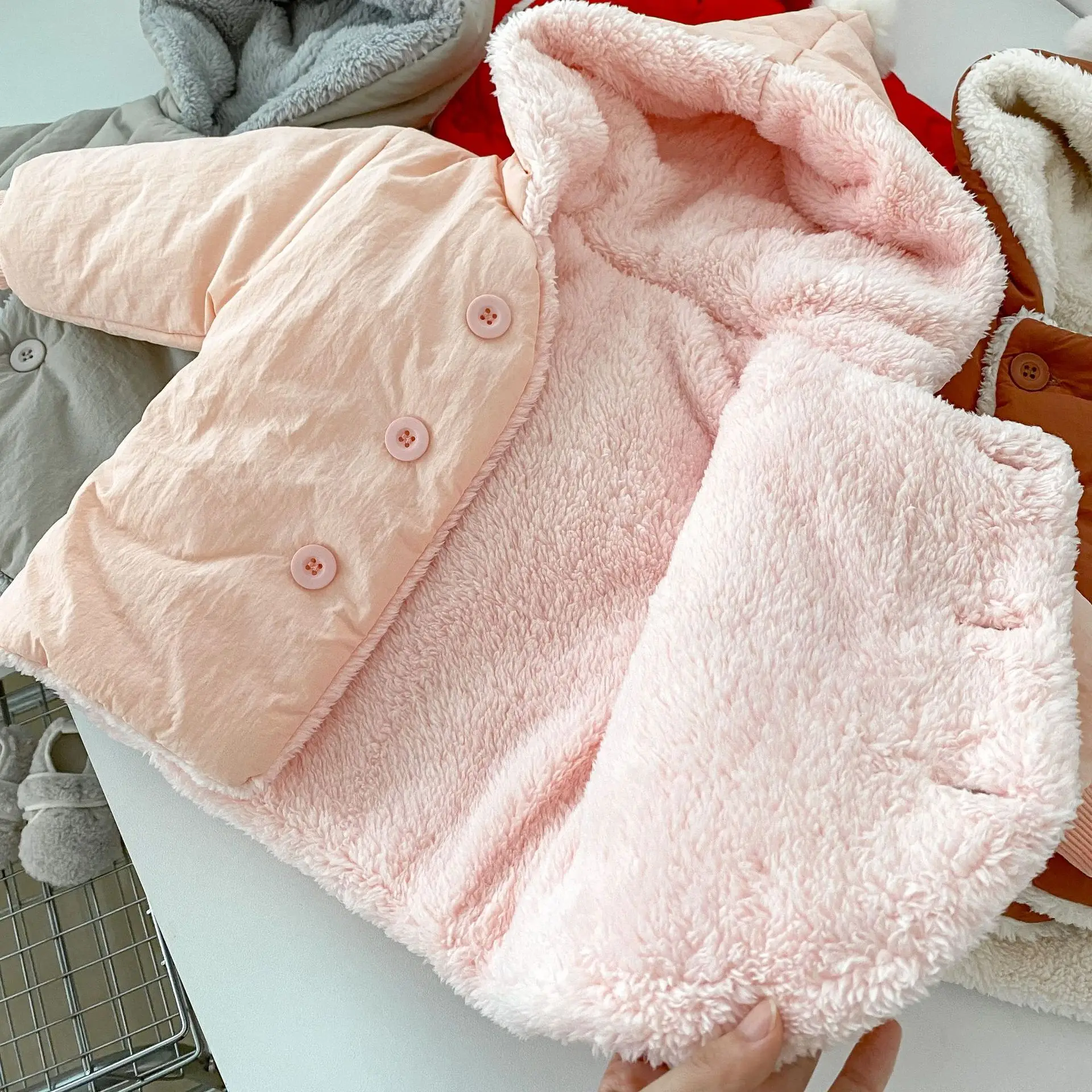 2024 Winter New Baby Plus Velvet Thick Hooded Coat Infant Toddler Fleece Warm Cardigan Solid Boys Girls Cotton Padded Jacket