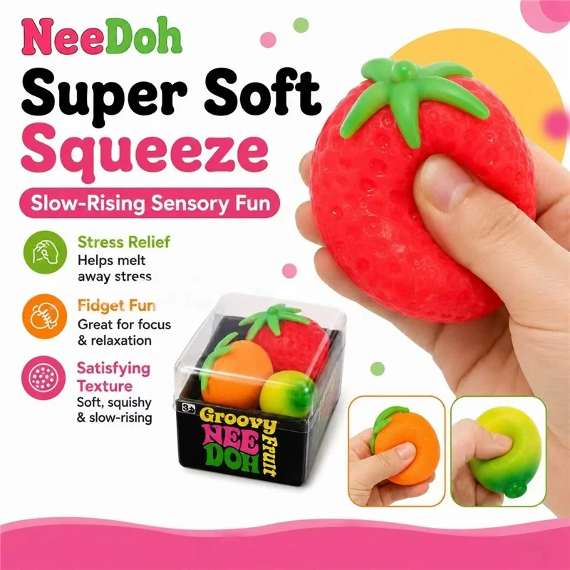 Needoh Groovy Fruit Venting Toy Soft Squishy Knead Autism ADHD Focus Toy Relief Stress Squeeze Anti-Anxiety Adults Portable Gift