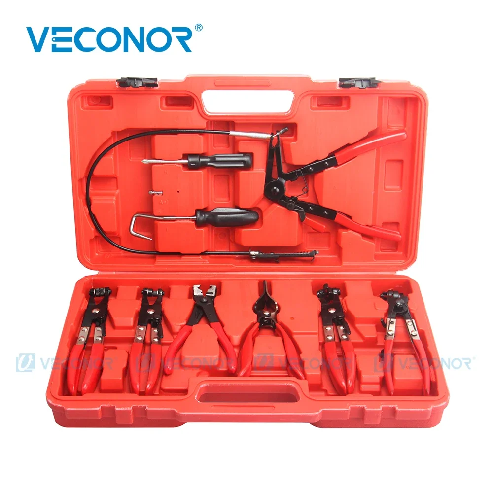 9PCS Hose Clamp Clip Pliers Set Kit Swivel Jaw Flat Angled Band Automotive Plier Flexible Wire Long Reach Fuel Oil Water Removal