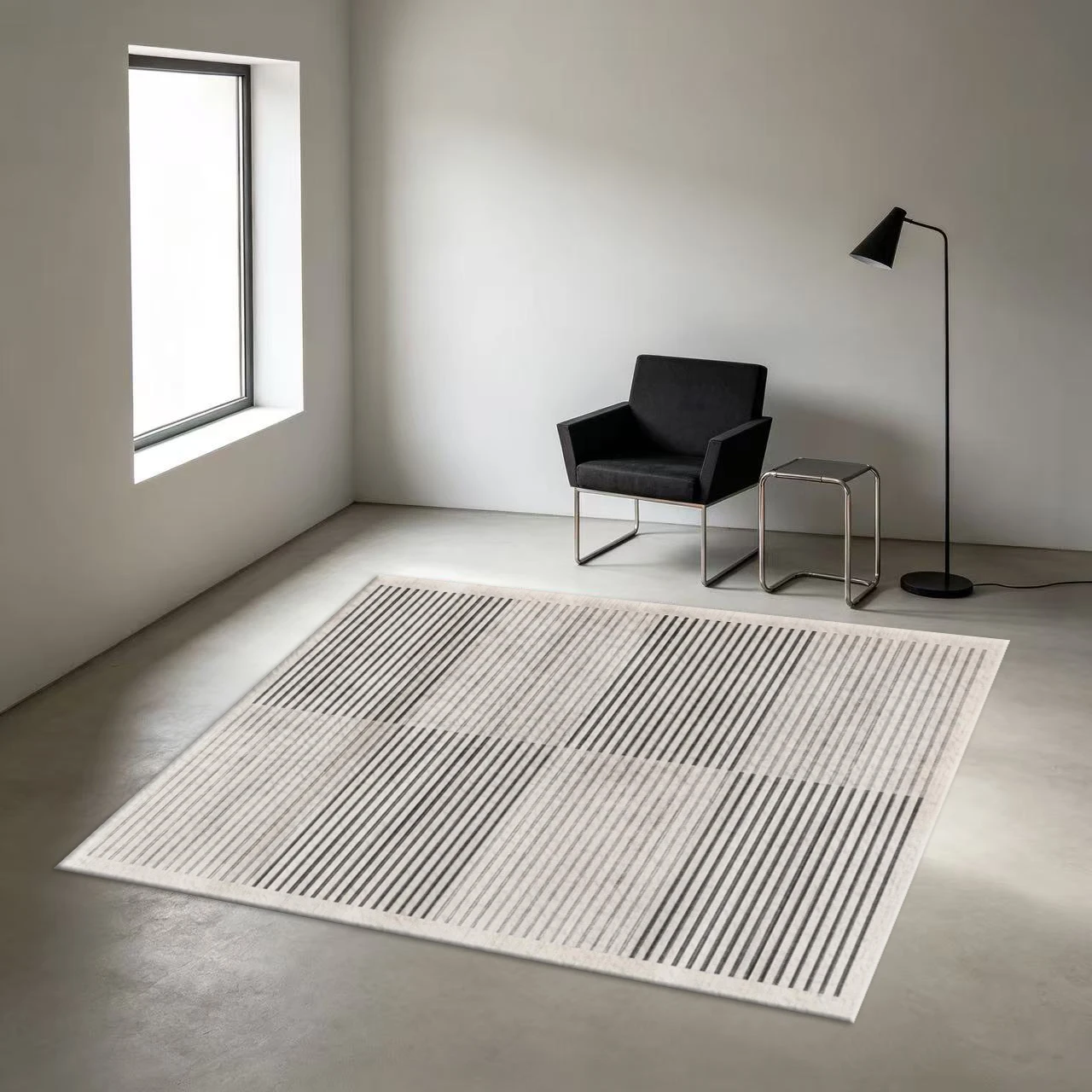 Modern Minimalist Vertical Striped Carpet Floor Mat, Neutral Beige Square Carpet, Soft Non-Slip Floor Mat Suitable for Living Room and Bedroom