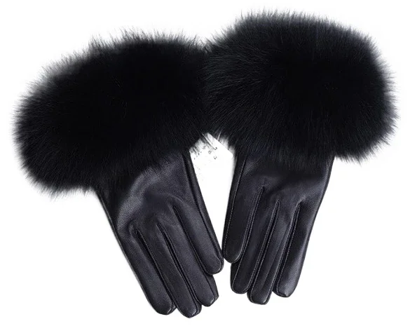 Sheepskin Natural Fox Fur Trimming Gloves Women's Genuine Leather Wrist Warmer Glove Winter Warm Fashion Mittens Fleece Lining