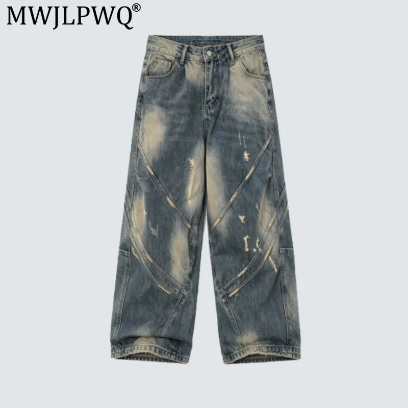 MWJLPWQ American-Style Distressed Split Jeans Dirty Wash Ripped Details Frayed Edges Straight-Leg Loose-Fit Denim Pants 20426