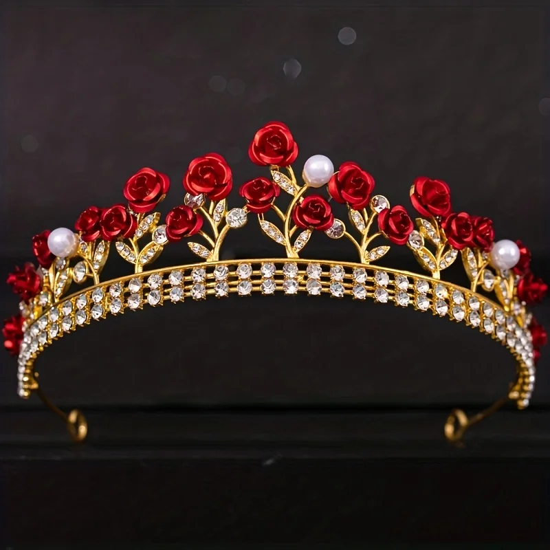 Crystal Pearl Rose Crown Tiara For Women Bride Rhinestone Prom Diadem Bridal Wedding Hair Accessories Jewelry Tiaras And Crowns