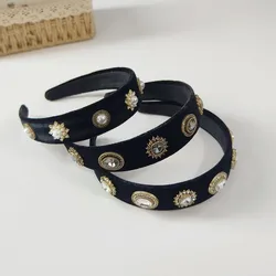 New Black Retro Palace Hair Hoop Head Wrap Baroque Velvet Flash Diamond Wide Edge Hair Accessories Versatile Outgoing Headwear