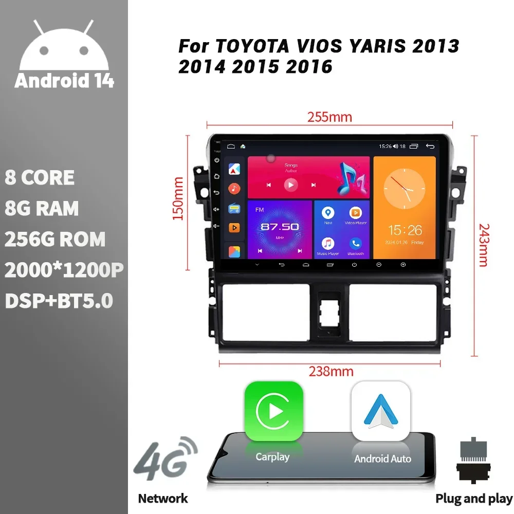 Car Radio Multimedia Player Navigation 4G Wireless CarPlay Touch Screen Stereo Android Bluetooth For TOYOTA VIOS YARIS 2013-2016