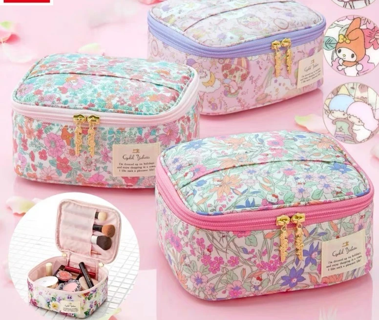 MINISO   Sanrio Hello Kitty Double Star Flower Zipper Storage Bag for Women's Sweet High Quality Multi functional Makeup Bag