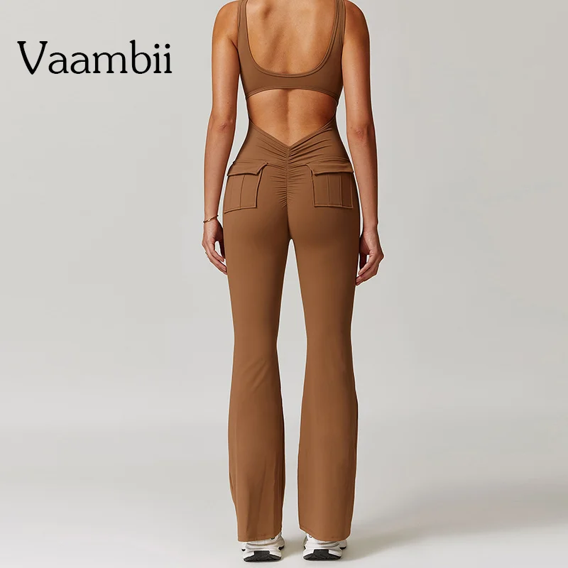 

Women Outfit Brown Gray Jumpsuit Work Out Sets Gym Yoga Clothing Workout Set Push Up Sportswear Woman Sporty Fitness Overalls