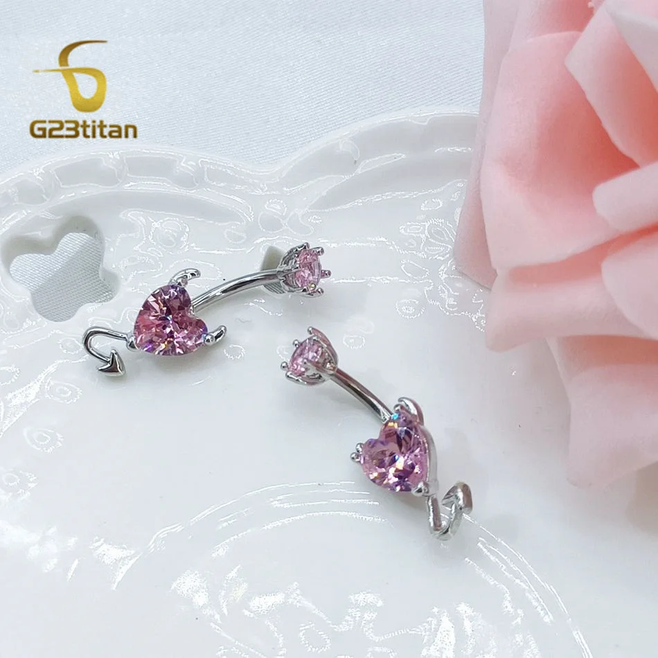 G23Titan Sexy Evil Heart Belly Button Ring Pink CZ Zircon 14G Titanium Navel Piercing Bar Women\'s Body Party Jewelry Accessories