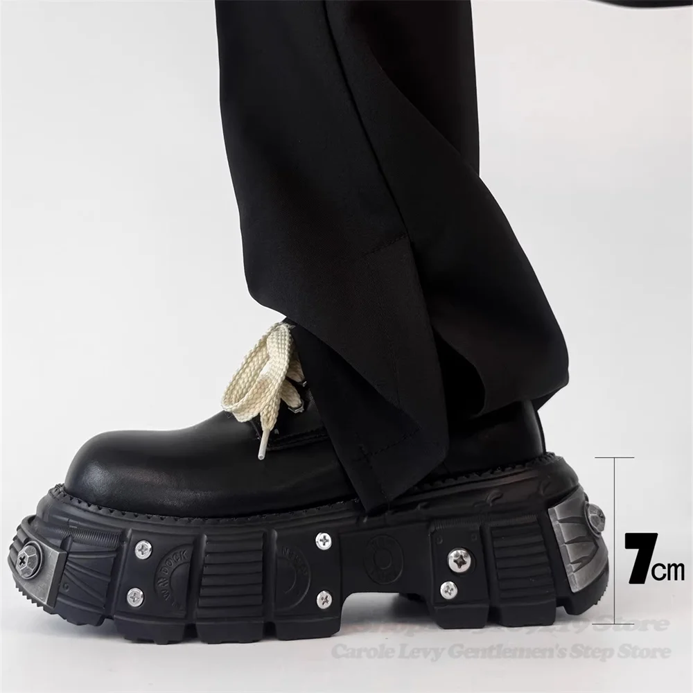 

Iron Toe Derby Shoes Men's Thick Soled Height Increasing Functional Metal Punk Style Newest Casual Leather Lace Up Shoes