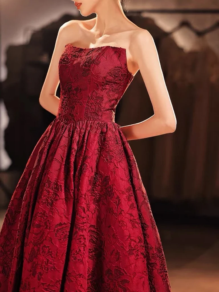 Burgundy Strapless Evening Dresses Applique Draped Gorgeous Embroidery A Line Backless Festival Party Prom Gowns Formal 2024