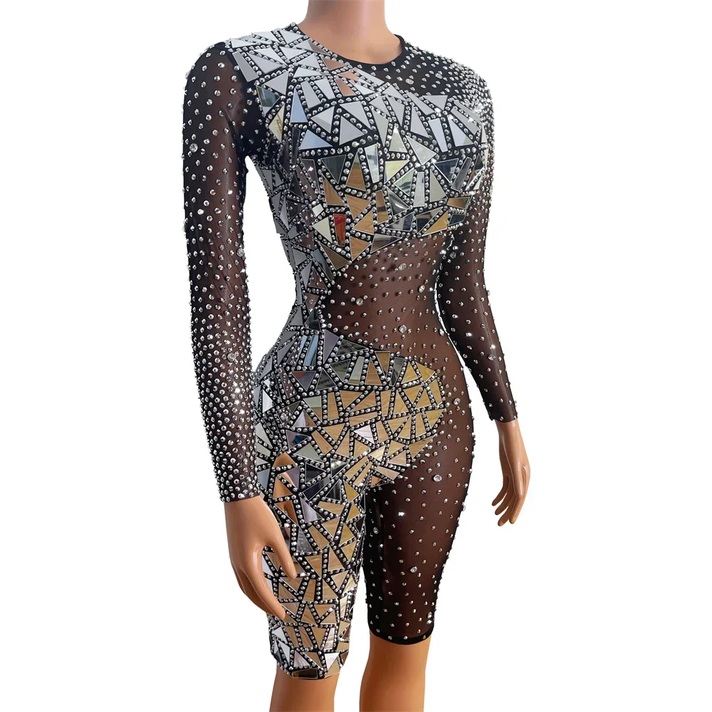 Macacão feminino cristal brilhante strass prata espelho estiramento bodysuit festa de aniversário preto malha transparente ds palco traje
