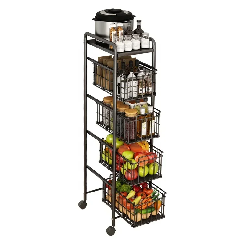 Kitchen Metal 4 Layers Storage Baskets Holder Rack Wheels Fruit Vegetable Organizers Shelf Kitchen Foldable Trolley Cart