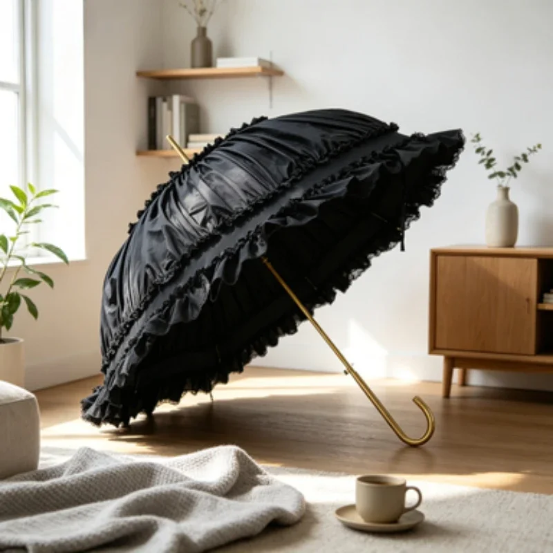 Lace Princess Lolita Parasol Vintage Court Long Handle Umbrella Bride Photo Prop Sunshade Rainproof Decorative Parasol for Party