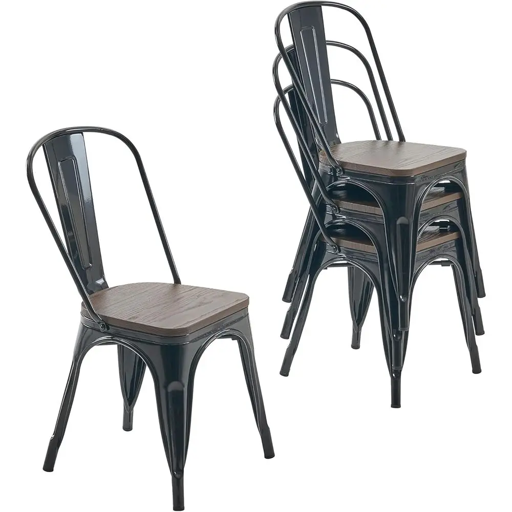 

Stackable 18 Metal Dining Chairs with Wood Padding, Waterproof for Indoor/Outdoor Use (Set of 4), Black