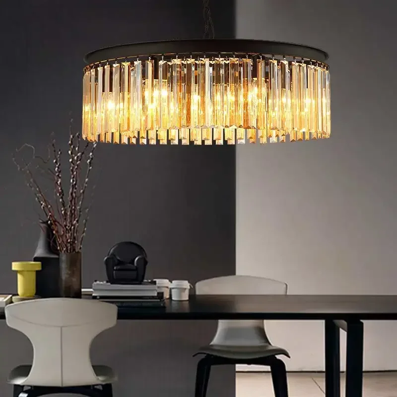 E27 American Country Retro Vintage Amber Crystal Lamp Pendant Lights Living Room Kitchen Black Iron Home Lighting 110-240V