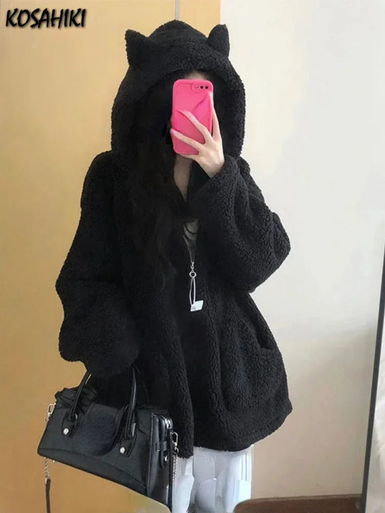 Vintage Black Hooded Loose Casual Jacket Streetwear Fashion Fluffy Pocket All Match Coats Y2k Aesthetic Grunge Women Zipper Top