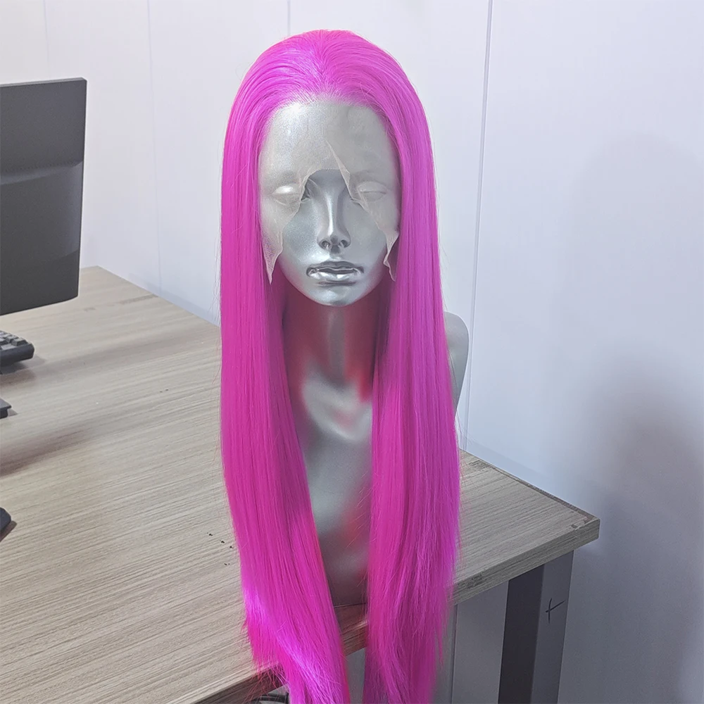 Rose Pink Hair Long Straight Synthetic Wig Hot Pink Natural Hairline Lace Front Wigs Women Cosplay Makeup Use Pink Fashion Hair