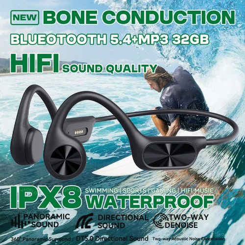 Auriculares inalámbricos de conducción ósea IPX8, resistentes al agua, Bluetooth 5,4 + 32GB de RAM, reproductor MP3, música HIFI, deportes, natación, auriculares con micrófono