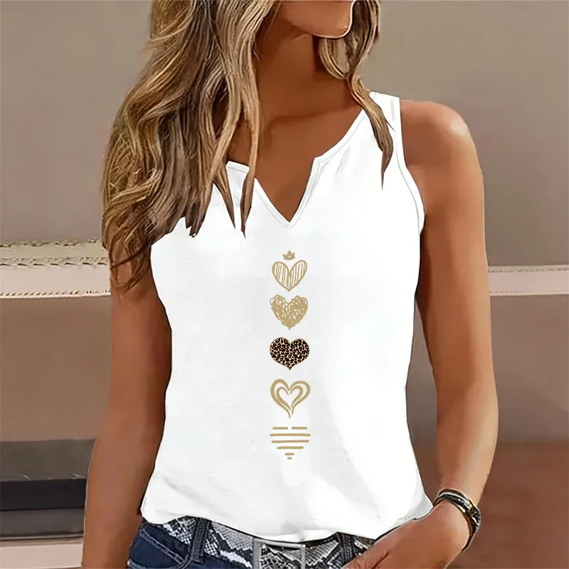 Trendy Tank Top Sleeveless T-shirt V Neck Casual Fashion Y2k Colorful Love Heart Printed Vest T Shirts Women Tee Shirt V-Neck