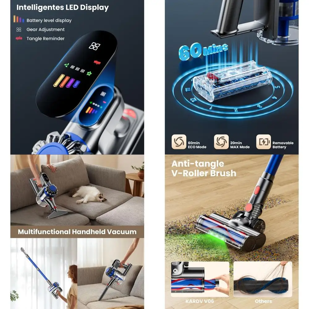 

Мощный вертикальный пылесос 500 Вт, 40 кПа, 60 минут работы, с LED-дисплеем, настенным креплением, идеально подходит для твердых полов и шерсти животных