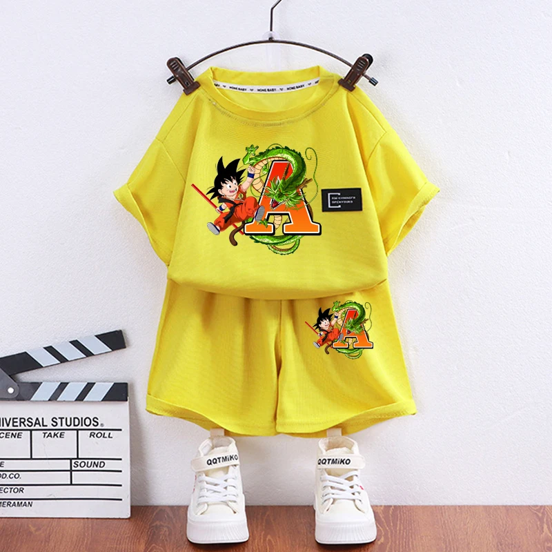 

Dragon Ball Waffle Short-sleeved Shorts Set Anime Children Round Neck Tops and Bottoms Clothes Suit Letters Print Tops Tees Gift