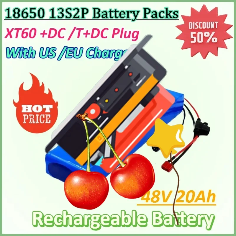 

48V 20Ah 18650 Lithium Battery Packs 13S2P High Power Battery for 54.6V Built-in Bms with Charger for XT60 +DC /T+DC Plug