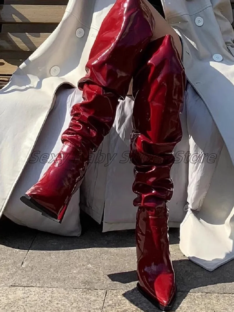 

European and American Pointed Thin Heeled Red Patent Leather Pile Boots For Women New Spicy Girl Knee High Boots