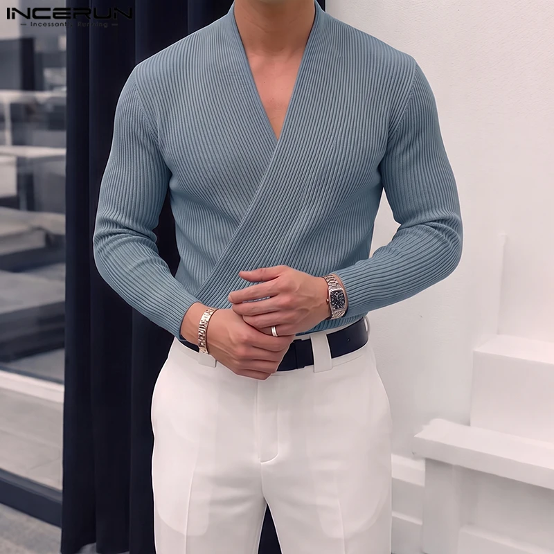 INCERUN Herren T-Shirt Einfarbig V-Ausschnitt Langarm Gestricktes Casual-Oberteil für Männer Streetwear 2026 Mode Herrenbekleidung S-2XL