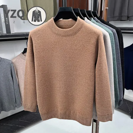 Loose Fit Round Neck Knit Jumper For Males Long Sleeve Rib Cuff Plain Knitwear Streetwear Easy Matching Autumn Outfit