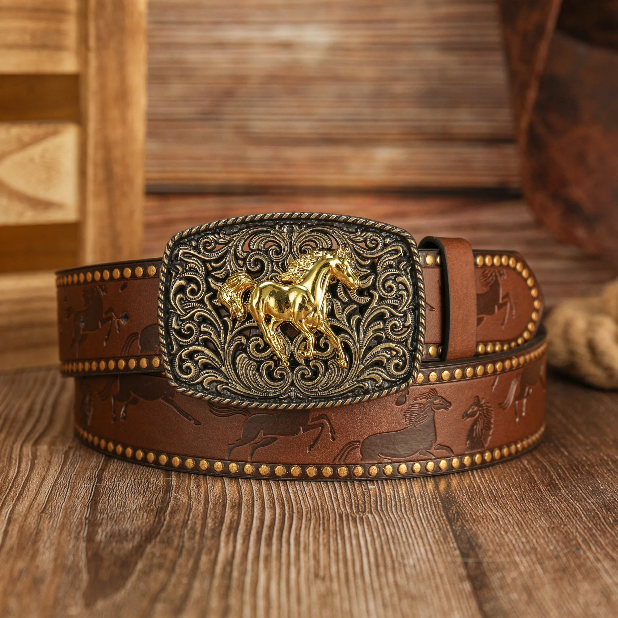 Four-sided hollowed-out golden horse zinc alloy buckle horse PU embossed hand-painted belt for both men and women