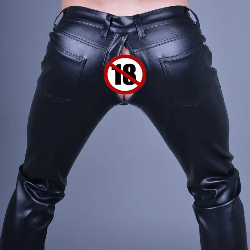 Men's Black Matte Faux Latex Splicing PU Zip Open-crotch Straight Pant Male Exotic Leather Trousers Casual Entertainment Custom