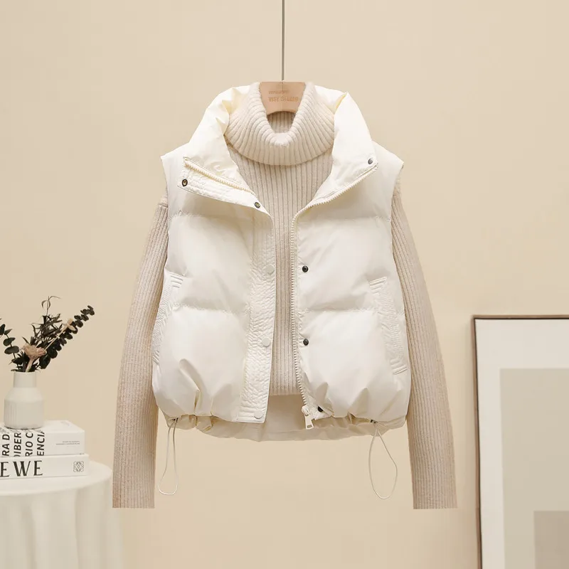 

Женский укороченный жилет из искусственной кожи с наполнителем из утиного пуха, осень-зима 2026, в корейском стиле, с воротником-стойкой, модная безрукавка
