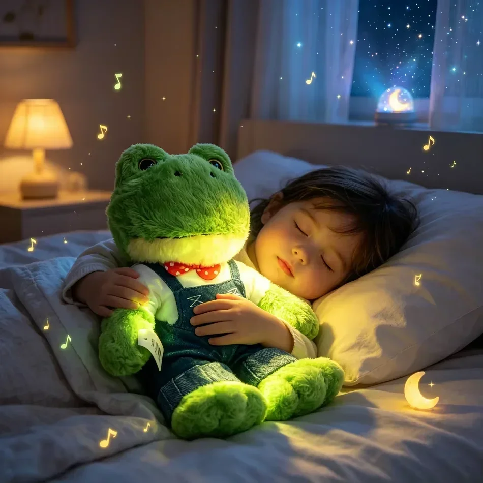 2027 In Stock Luminous Breathing Frog Mr. Plush Toy Baby Sleep Aid Cute Soothing Pillow Children's Bedtime Gift