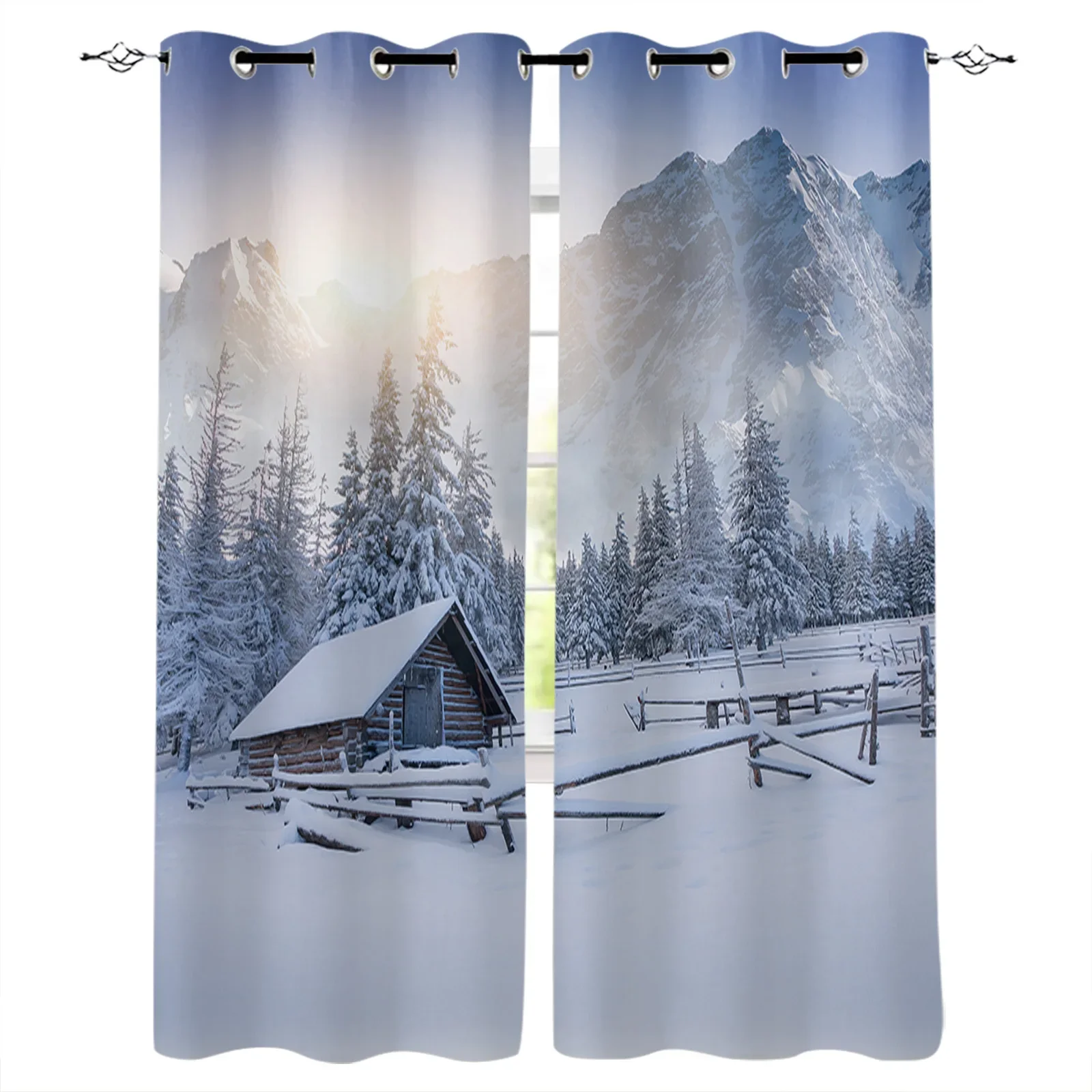 Winter Snow Mountain Morning Scenery House Blackout Curtains Window Curtains For Bedroom Living Room Decor Window Treatments