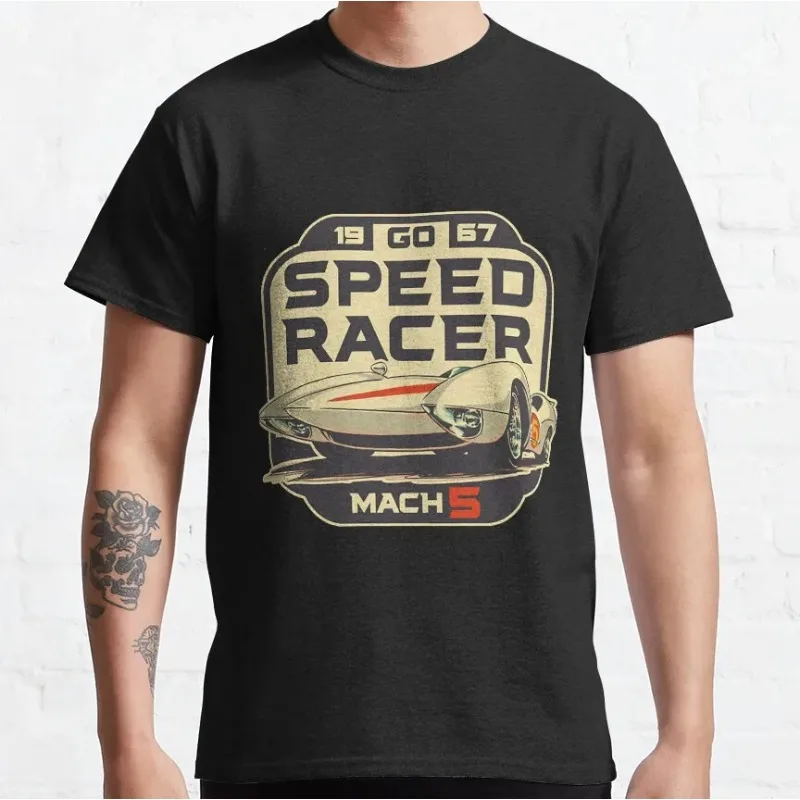 Mach 5 سيارة الأعلى خمر الرجعية المتعثرة سرعة المتسابق أنيمي ماخ الذهاب الذهاب الذهاب الذهاب خمر 1005 القطن المطبوعة تي شيرت حجم كبير Tops1