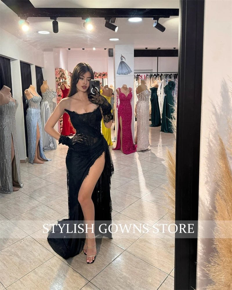 Black Strapless Evening Dresses Beautiful Women Dress Pleats Lace Birthday Prom High Slit Special Occasion Dress Customized