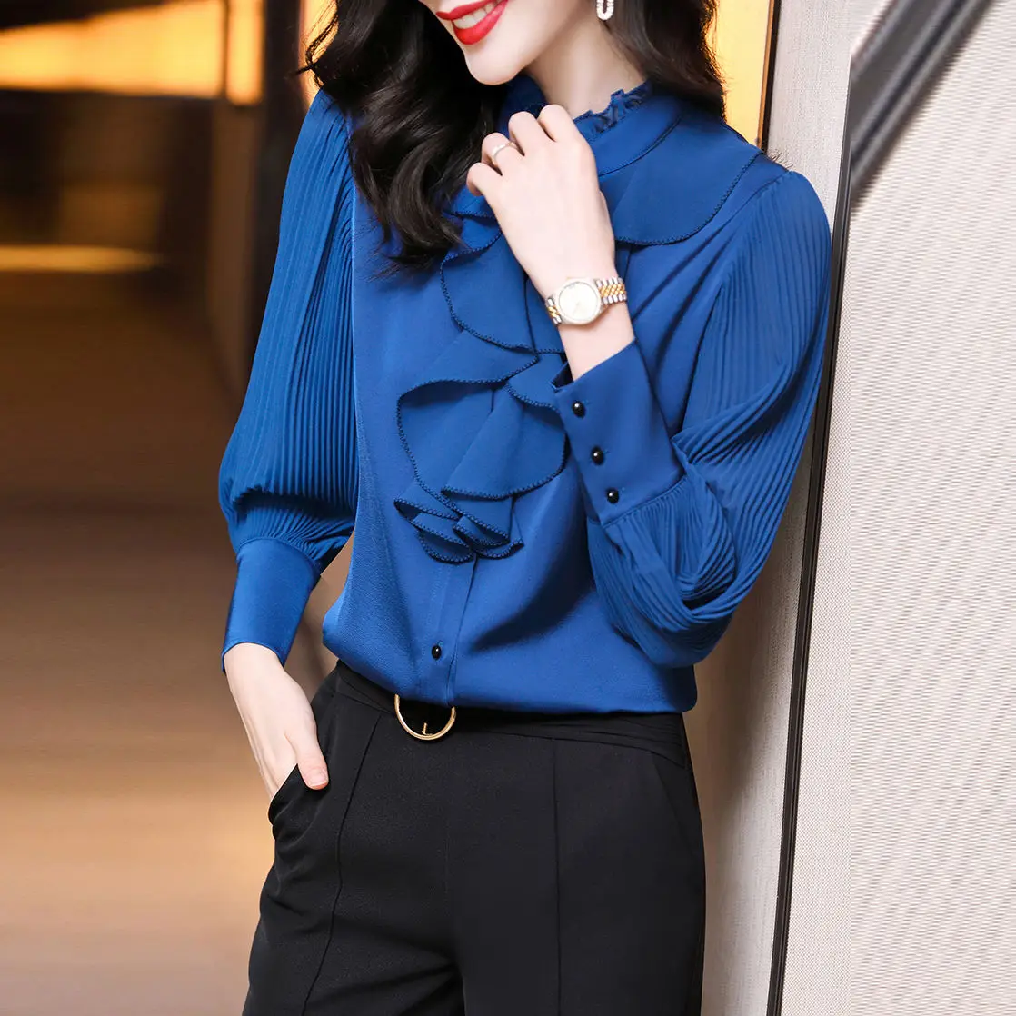 Korean Versatile 2023 Autumn New Women\'s Solid Color Half High Collar Long Sleeved Shirt Fashion Ruffle Collar Temperament Top