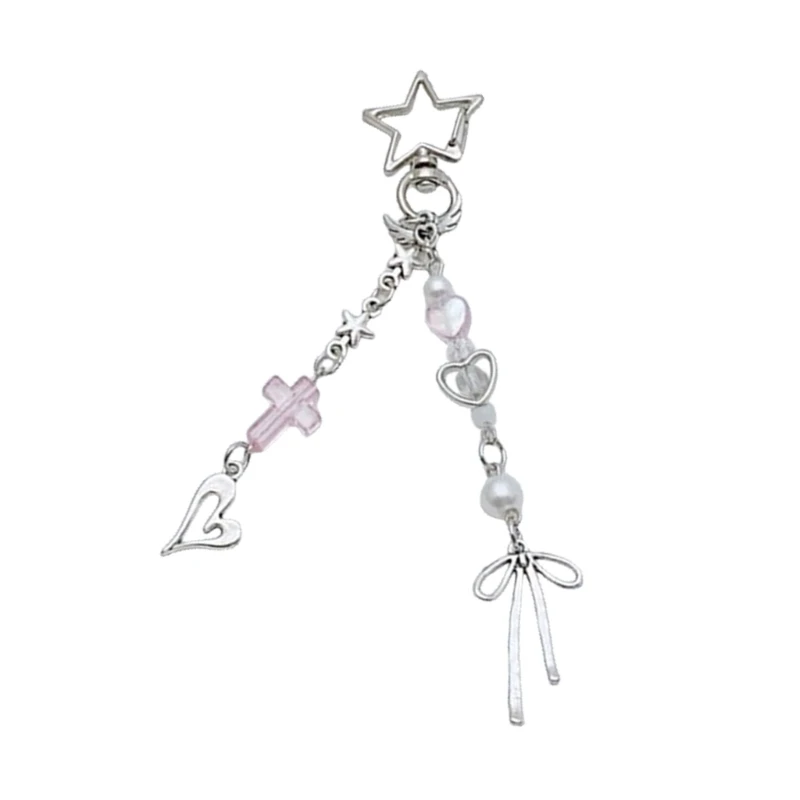 Trendy Bead Charm Key Ring Accessory Eccentric Beaded Key Chain Ornament with Heart Wing Crosses Detailing Accent