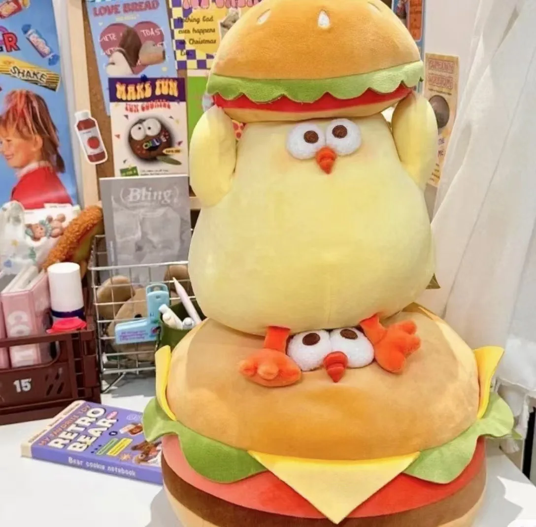 Kawaii hambúrguer frango brinquedo de pelúcia animais dos desenhos animados pizza frango boneca recheada sofá cama almofada bonito decoração do quarto criança presente natal