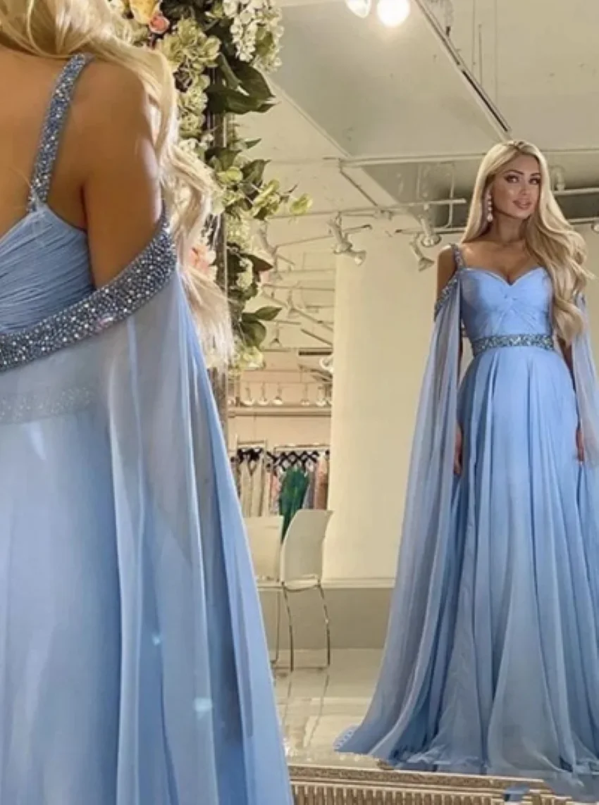 

Othray A-Line Party Gowns Vestidos Sky Blue Long Cape Sleeves Chiffon Bohemian Prom Dresses 2023 Backless Sexy Sweetheart Neck