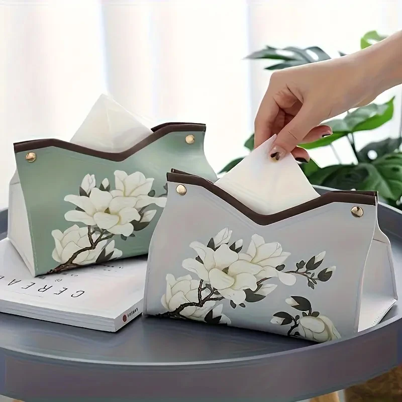 PU leather tissue box cover, modern floral print tissue bag, perfect for bathroom, office, car, outdoor tent, dining table