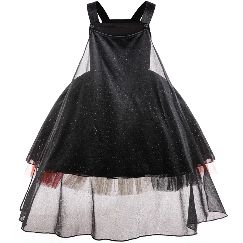 Kostum Cosplay Penyihir Jahat Ajaib Anak Perempuan Gaun Tulle Hitam dengan Kacamata Topi Penyihir untuk Anak-anak Pakaian Berdandan Karnaval Pesta Halloween