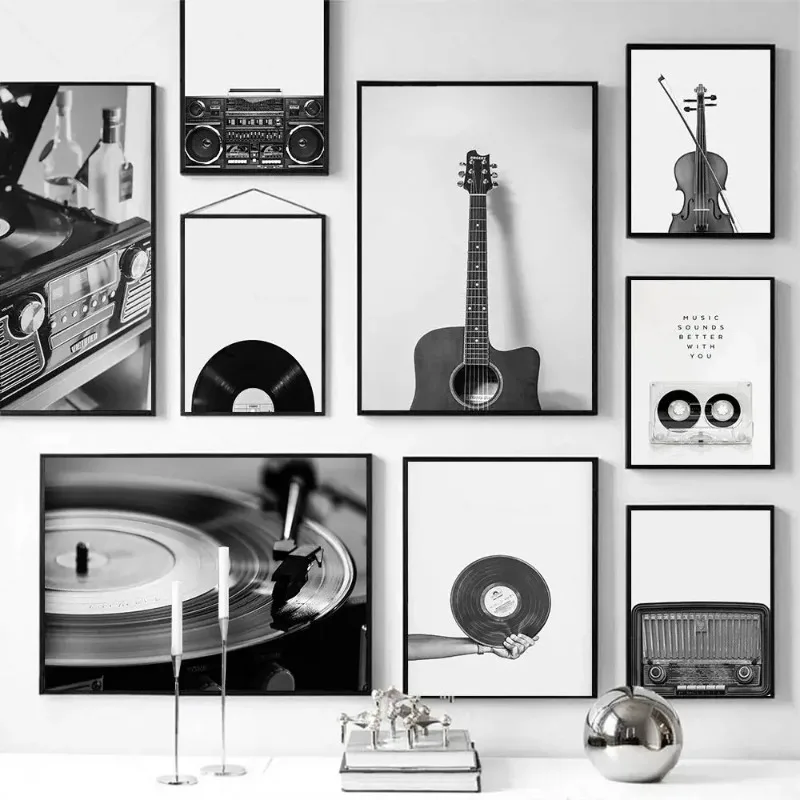 Schwarz-Weiß Musik-Drucke Retro Schallplatten-Gitarren-Poster Wandkunst Leinwandgemälde Nordisches Bild für Wohnzimmer Heim-Dekoration