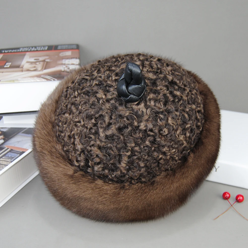 2024 Hot Sale Luxury Unisex Real Genuine Mink With Wool Hat Winter Unisex Fashion Warm Caps Whole Piece Mink Sheep Fur Hats