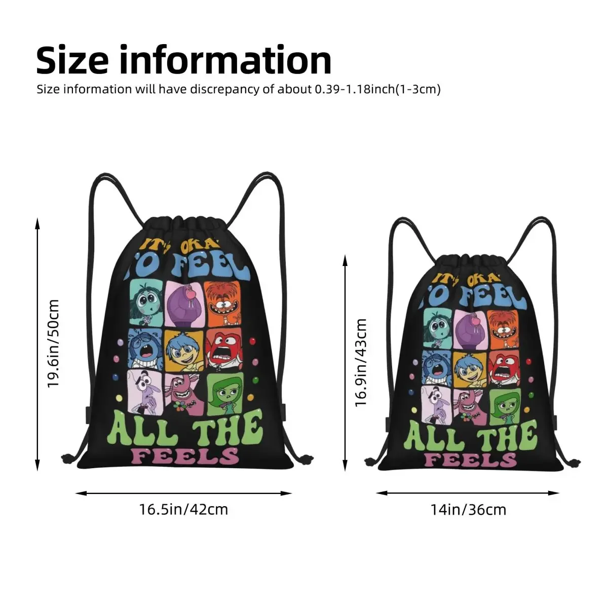 Funny Inside Out It's Okay To Feel Drawstring Backpack Sports Gym Bag Cartoon String Sackpack for Hiking