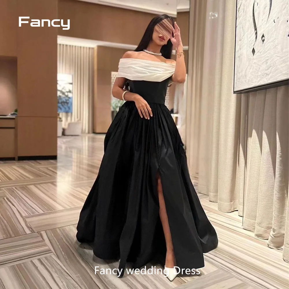 

Fancy Elegant White And Black Evening Dress Dubai Arabia Taffeta High Split Off Shoulder Prom Gown Vestidos De Novia