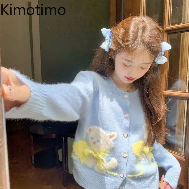 

Kimotimo Sweet Cartoon Cat Jacquard Knitted Cardigan Women Autumn Winter O Neck Versatile Long Sleeve Sweater Kawaii Y2k Tops