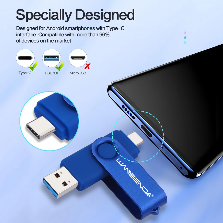 Wansenda 128GB USB 3.0ชนิด C แฟลชไดร์ฟหมุนได้512GB 256GB 64GB 32GB ความเร็วสูง2 in 1 thumbdrive หน่วยความจำ