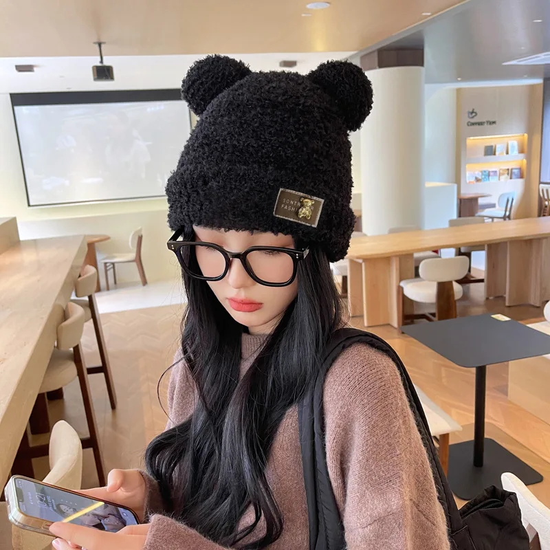 

Fashion Autumn Winter Furry Cap women's Warm Thickened Cute Bear Ears Ear Protection Cap Versatile Plush Knitted Wool Cap Warm