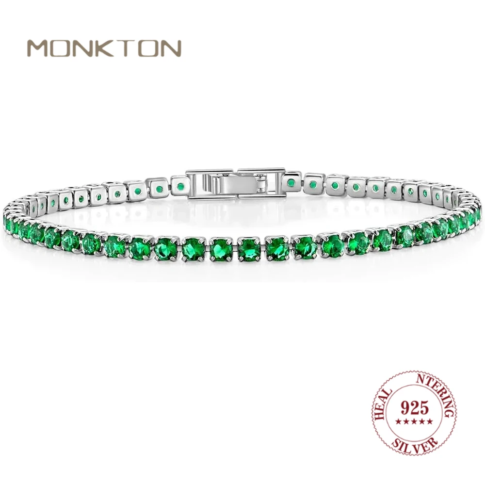 Monkton 3mm zielona cyrkonia klasyczna bransoletka tenisowa dla kobiet 6.5-7.5 Cal srebrne okrągłe bransoletki Charm na prezent jubilerski
